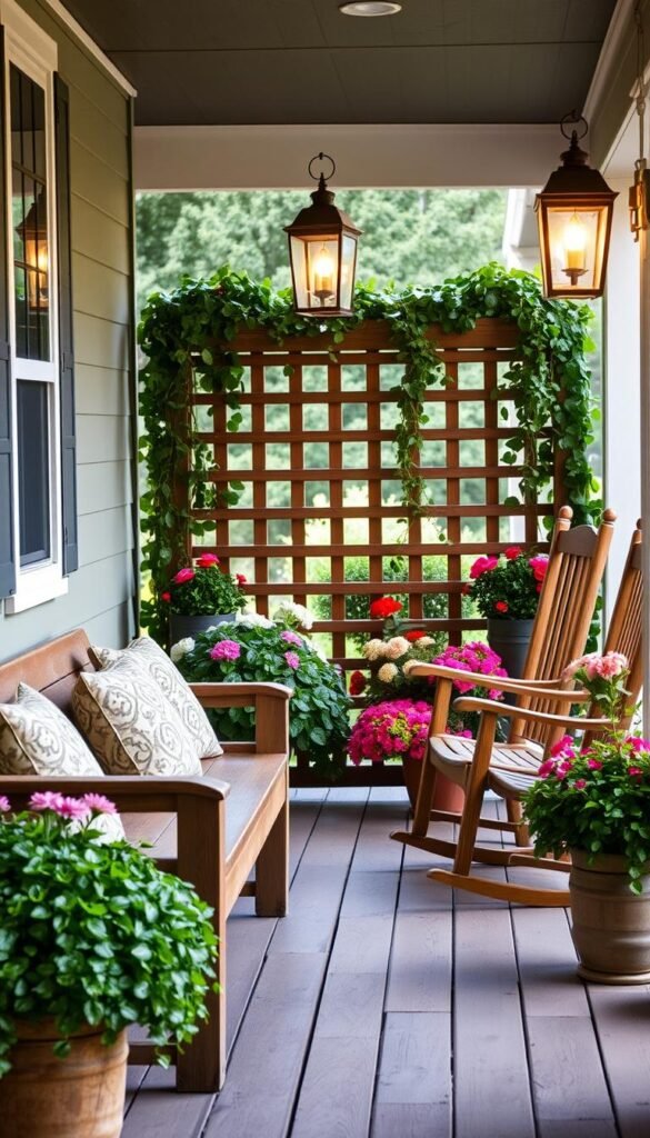 A cozy and inviting front porch, bathed in soft, warm lighting from a pair of vintage-inspired lanterns. The porch is adorned with a wooden bench topped with plush, patterned cushions, and a rustic wooden rocking chair, creating a comfortable seating area. Decorative planters overflow with lush greenery and vibrant seasonal flowers, framing the scene. In the background, a wooden trellis supports a cascading vine, adding a touch of natural elegance. The porch floor is made of weathered, wooden planks, and the overall atmosphere exudes a sense of timeless charm and relaxation.