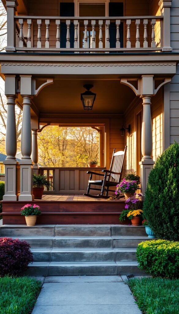 A cozy and inviting front porch, bathed in the warm glow of afternoon sunlight. A well-maintained wooden porch with ornate railings and decorative trim, complemented by a charming set of rocking chairs. Potted plants and seasonal flowers line the steps, adding pops of vibrant color. The porch is framed by a neatly trimmed lawn and well-manicured shrubs, creating a seamless transition between the home and its surroundings. The scene exudes a sense of comfort and hospitality, inviting passersby to linger and savor the peaceful ambiance.