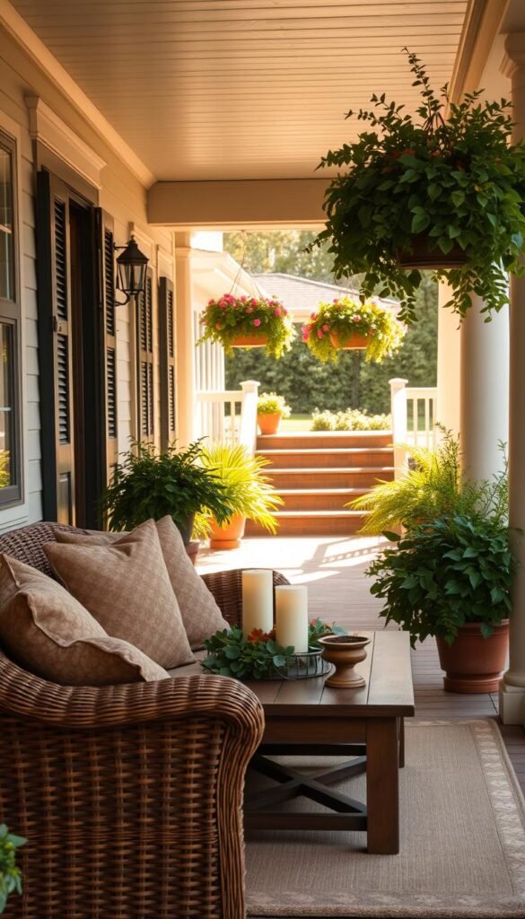 A cozy and inviting front porch, bathed in warm afternoon sunlight. The foreground features a comfortable wicker loveseat adorned with plush, textured cushions in earthy tones. A wooden coffee table stands nearby, topped with a rustic centerpiece of candles and seasonal foliage. In the middle ground, lush potted plants and hanging baskets overflow with verdant foliage, creating a lush, natural ambiance. The background showcases the porch's charming architecture, with detailed woodwork and a inviting set of steps leading down to a well-maintained walkway. The overall scene exudes a sense of relaxation and hospitality, perfect for welcoming guests and enjoying quiet moments. A cozy and inviting front porch, bathed in warm afternoon sunlight. The foreground features a comfortable wicker loveseat adorned with plush, textured cushions in earthy tones. A wooden coffee table stands nearby, topped with a rustic centerpiece of candles and seasonal foliage. In the middle ground, lush potted plants and hanging baskets overflow with verdant foliage, creating a lush, natural ambiance. The background showcases the porch's charming architecture, with detailed woodwork and a inviting set of steps leading down to a well-maintained walkway. The overall scene exudes a sense of relaxation and hospitality, perfect for welcoming guests and enjoying quiet moments.