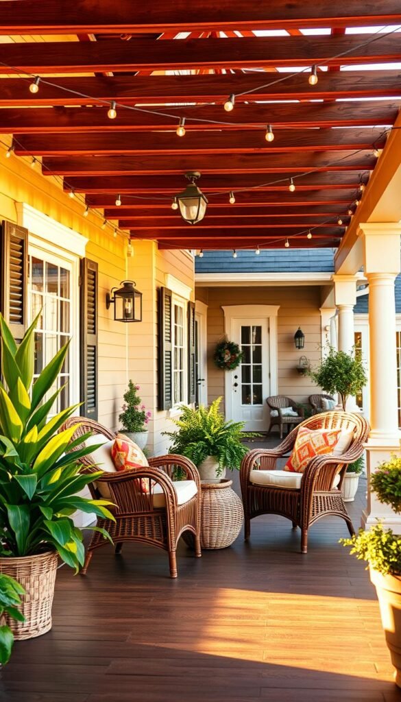 A cozy and inviting front porch, bathed in warm, golden afternoon light. A pair of comfortable wicker chairs adorned with plush, colorful cushions sit on a polished wood floor. Lush potted plants and a decorative wicker basket add natural textures and pops of greenery. Hanging above, a beautifully crafted wooden pergola creates a sense of structure and enclosure, while string lights draped across it cast a soft, ambient glow. In the background, the facade of a charming, traditional-style home provides the perfect backdrop. The overall scene exudes a welcoming, relaxed atmosphere, drawing the viewer in to imagine spending a peaceful afternoon on this delightful front porch. A cozy and inviting front porch, bathed in warm, golden afternoon light. A pair of comfortable wicker chairs adorned with plush, colorful cushions sit on a polished wood floor. Lush potted plants and a decorative wicker basket add natural textures and pops of greenery. Hanging above, a beautifully crafted wooden pergola creates a sense of structure and enclosure, while string lights draped across it cast a soft, ambient glow. In the background, the facade of a charming, traditional-style home provides the perfect backdrop. The overall scene exudes a welcoming, relaxed atmosphere, drawing the viewer in to imagine spending a peaceful afternoon on this delightful front porch.