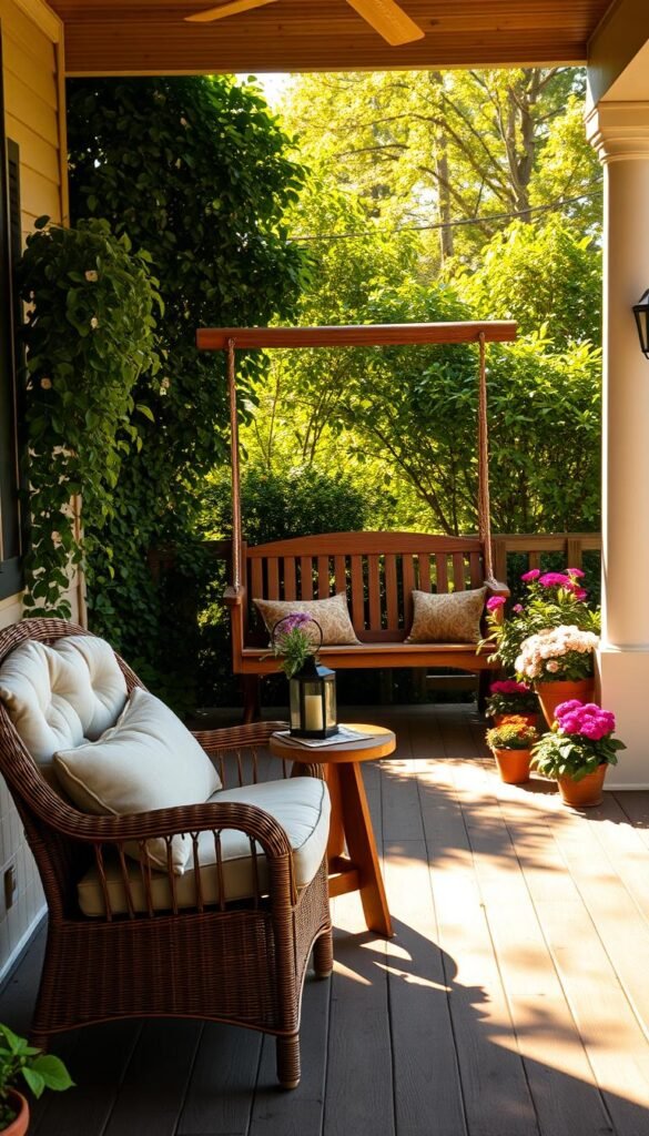 A cozy and inviting front porch, bathed in warm, golden afternoon light. In the foreground, a pair of comfortable wicker chairs with plush, neutral-toned cushions, flanking a small wooden end table adorned with a potted succulent and a lantern. In the middle ground, a classic wooden bench swing, gently swaying, accented by vibrant potted flowers in a variety of hues. The background features lush, verdant foliage framing the porch, creating a serene, natural ambiance. Soft, diffused shadows dance across the porch's weathered wooden planks, adding depth and dimension to the scene. An atmosphere of relaxation and welcoming charm pervades the setting, inviting the viewer to linger and soak in the tranquil, homey ambiance. A cozy and inviting front porch, bathed in warm, golden afternoon light. In the foreground, a pair of comfortable wicker chairs with plush, neutral-toned cushions, flanking a small wooden end table adorned with a potted succulent and a lantern. In the middle ground, a classic wooden bench swing, gently swaying, accented by vibrant potted flowers in a variety of hues. The background features lush, verdant foliage framing the porch, creating a serene, natural ambiance. Soft, diffused shadows dance across the porch's weathered wooden planks, adding depth and dimension to the scene. An atmosphere of relaxation and welcoming charm pervades the setting, inviting the viewer to linger and soak in the tranquil, homey ambiance.