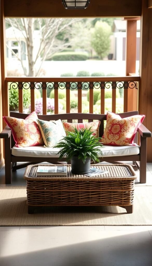 A cozy and inviting front porch decor, showcasing a quaint wooden bench adorned with plush cushions and vibrant throw pillows. In the middle ground, a rustic wicker coffee table displays a lush potted plant and a stack of magazines. The background features a charming wooden railing with ornate metal details, framing a picturesque view of a well-manicured garden. Warm, natural lighting bathes the scene, creating a relaxing and welcoming atmosphere. The arrangement is designed to encourage leisurely conversation and outdoor relaxation, reflecting the homeowner's personal style and attention to detail. A cozy and inviting front porch decor, showcasing a quaint wooden bench adorned with plush cushions and vibrant throw pillows. In the middle ground, a rustic wicker coffee table displays a lush potted plant and a stack of magazines. The background features a charming wooden railing with ornate metal details, framing a picturesque view of a well-manicured garden. Warm, natural lighting bathes the scene, creating a relaxing and welcoming atmosphere. The arrangement is designed to encourage leisurely conversation and outdoor relaxation, reflecting the homeowner's personal style and attention to detail.