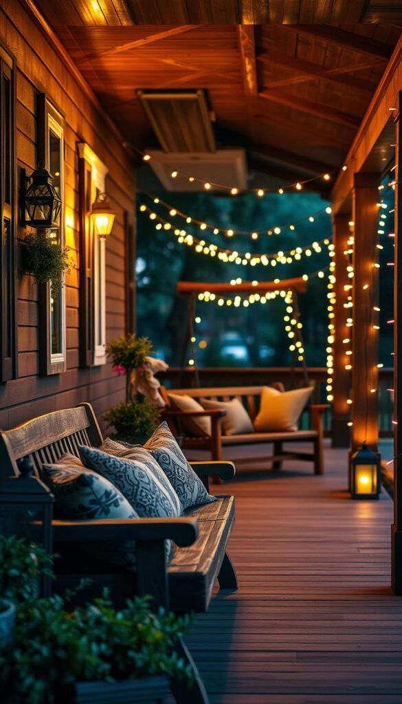 A cozy and inviting front porch, drenched in warm, soft lighting. In the foreground, a rustic wooden bench adorned with plush, patterned cushions, creating a comfortable seating area. Potted plants and a decorative lantern add touches of natural greenery and gentle illumination. The middle ground features a quaint porch swing, gently swaying in the breeze, adorned with throw pillows in earthy tones. In the background, the porch's wooden beams and pillars are accentuated by string lights, casting a magical, intimate atmosphere. The scene exudes a sense of welcoming and relaxation, perfect for enjoying a quiet afternoon or evening on the front porch. A cozy and inviting front porch, drenched in warm, soft lighting. In the foreground, a rustic wooden bench adorned with plush, patterned cushions, creating a comfortable seating area. Potted plants and a decorative lantern add touches of natural greenery and gentle illumination. The middle ground features a quaint porch swing, gently swaying in the breeze, adorned with throw pillows in earthy tones. In the background, the porch's wooden beams and pillars are accentuated by string lights, casting a magical, intimate atmosphere. The scene exudes a sense of welcoming and relaxation, perfect for enjoying a quiet afternoon or evening on the front porch.