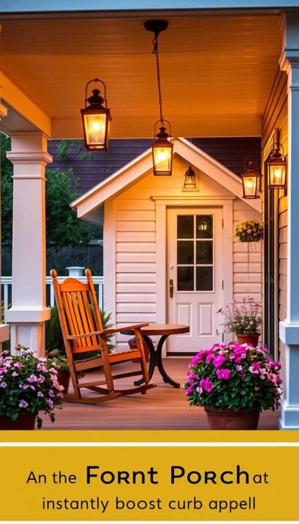 A cozy and inviting front porch, illuminated by warm, golden light from a pair of traditional lanterns. The porch features a wooden rocking chair and a small round table, surrounded by lush, flowering plants in terracotta pots. In the background, a charming wooden house with a classic gabled roof and a freshly painted white exterior. The scene conveys a sense of comfort, relaxation, and timeless elegance, capturing the essence of a transformative front porch that instantly boosts curb appeal. A cozy and inviting front porch, illuminated by warm, golden light from a pair of traditional lanterns. The porch features a wooden rocking chair and a small round table, surrounded by lush, flowering plants in terracotta pots. In the background, a charming wooden house with a classic gabled roof and a freshly painted white exterior. The scene conveys a sense of comfort, relaxation, and timeless elegance, capturing the essence of a transformative front porch that instantly boosts curb appeal.