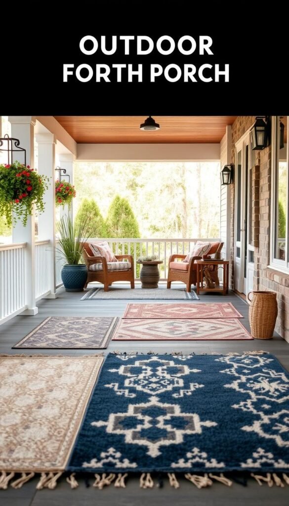 A cozy and inviting front porch with a collection of high-quality, weatherproof outdoor rugs in various patterns and textures. The rugs are strategically placed to create a warm and functional entryway, complementing the natural wood and stone elements of the porch. Soft, neutral colors like beige, gray, and navy blue create a soothing ambiance, while subtle pops of color from accent pieces add visual interest. The scene is illuminated by soft, natural lighting, giving the space a welcoming and serene atmosphere. The camera angle captures the rugs in the foreground, with the porch and surrounding landscape visible in the background, showcasing the cohesive design and functionality of the space.