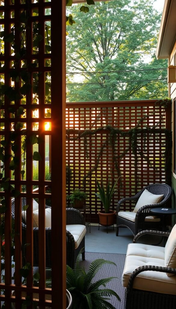 A cozy and inviting front porch with a lush, verdant garden backdrop. In the foreground, a slatted wooden privacy screen filters the sunlight, casting a warm, dappled glow across the porch. Comfortable wicker furniture, adorned with plush cushions, invites relaxation. Trailing vines and potted plants add a touch of natural elegance, while soft, ambient lighting creates a tranquil atmosphere as the sun dips below the horizon. The porch is a secluded oasis, shielding the interior from prying eyes and offering a serene retreat from the bustling world beyond.