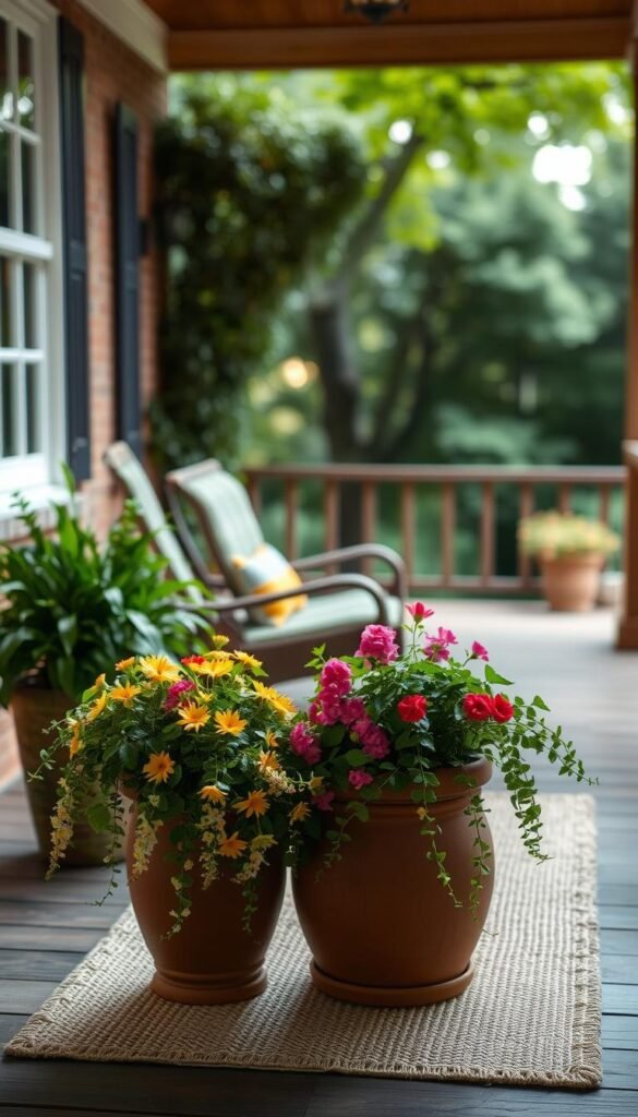 A cozy and inviting front porch with a plush, natural-fiber rug in earthy tones placed atop a wooden deck. In the foreground, a pair of terracotta pots brimming with vibrant, trailing flowers, their blooms cascading down the sides. Overhead, a soft, diffused light filters through a canopy of lush greenery, casting a warm, ambient glow. The scene exudes a sense of tranquility and relaxation, perfectly capturing the role of rugs in elevating the charm and comfort of an outdoor living space. A cozy and inviting front porch with a plush, natural-fiber rug in earthy tones placed atop a wooden deck. In the foreground, a pair of terracotta pots brimming with vibrant, trailing flowers, their blooms cascading down the sides. Overhead, a soft, diffused light filters through a canopy of lush greenery, casting a warm, ambient glow. The scene exudes a sense of tranquility and relaxation, perfectly capturing the role of rugs in elevating the charm and comfort of an outdoor living space.