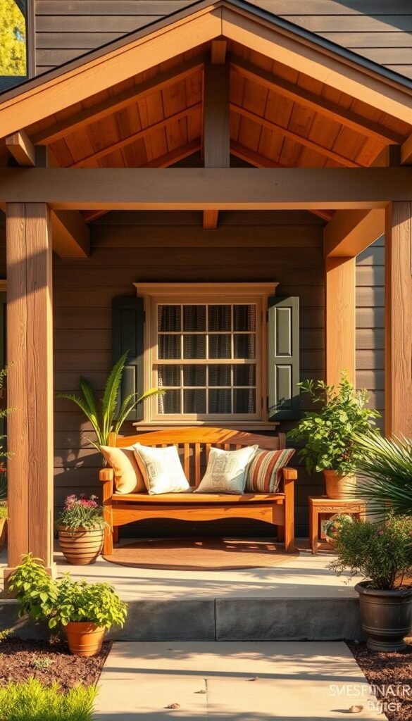 A cozy and inviting front porch with a rustic charm, featuring a wooden bench adorned with plush cushions, nestled beneath a simple gabled roof supported by sturdy columns. The porch is framed by lush potted plants and a well-maintained garden, bathed in warm, natural lighting that casts a gentle glow. The scene evokes a sense of peaceful relaxation, perfect for planning a charming and functional porch layout that seamlessly blends with the surrounding landscape.