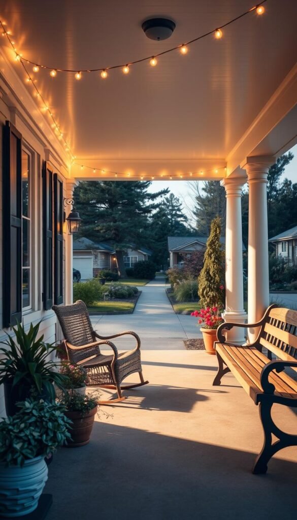 A cozy and inviting front porch with a string of warm, twinkling lights strung along the eaves, casting a gentle glow across the scene. The porch is adorned with lush potted plants, a wicker rocking chair, and a wooden bench, creating a charming and welcoming atmosphere. The background features a picturesque neighborhood with tall trees and a clear, starry sky, adding to the peaceful and timeless ambiance. The image is captured with a wide-angle lens, showcasing the entire porch and its surroundings in a visually compelling and harmonious composition.