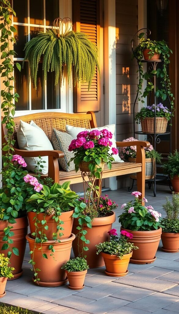 A cozy and inviting front porch with a stylish arrangement of potted plants and decor. The foreground features a grouping of terracotta pots in various sizes, filled with vibrant flowering plants, trailing vines, and lush greenery. The middle ground showcases a wooden bench adorned with plush outdoor cushions and a woven wicker basket overflowing with more potted blooms. In the background, a wrought-iron plant stand holds a cascade of cascading foliage. The porch is bathed in warm, golden afternoon light, creating a welcoming and charming atmosphere. The overall scene exudes a sense of creativity, comfort, and attention to detail. A cozy and inviting front porch with a stylish arrangement of potted plants and decor. The foreground features a grouping of terracotta pots in various sizes, filled with vibrant flowering plants, trailing vines, and lush greenery. The middle ground showcases a wooden bench adorned with plush outdoor cushions and a woven wicker basket overflowing with more potted blooms. In the background, a wrought-iron plant stand holds a cascade of cascading foliage. The porch is bathed in warm, golden afternoon light, creating a welcoming and charming atmosphere. The overall scene exudes a sense of creativity, comfort, and attention to detail.