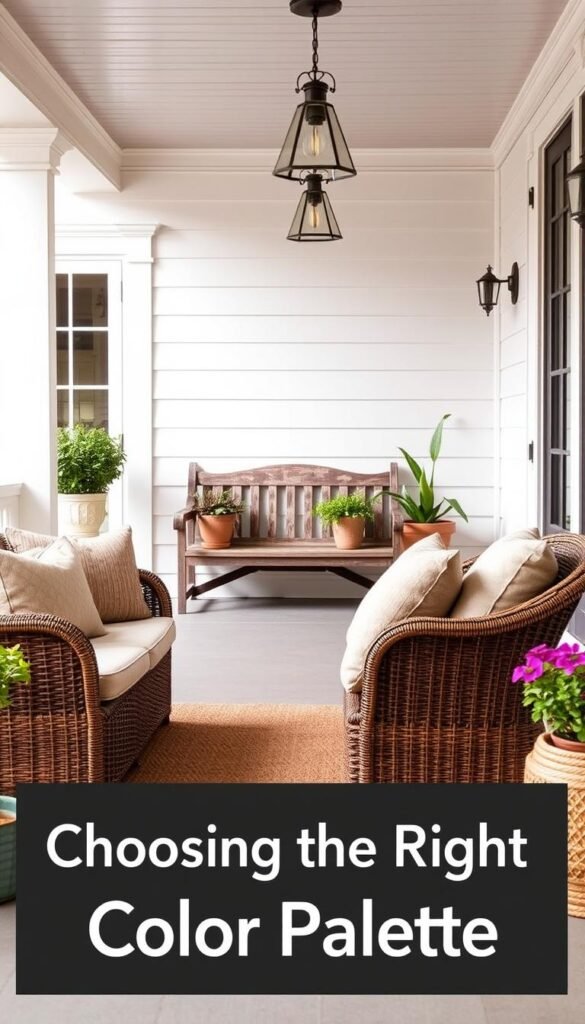 A cozy and inviting front porch with a warm, neutral color palette. In the foreground, a plush wicker seating arrangement adorned with soft, textured throw pillows in earthy tones. The porch floor is covered in a natural fiber rug, adding texture and warmth. In the middle ground, a weathered wooden bench accented with potted plants in terracotta planters. The background features a classic white or light gray exterior with decorative trim, creating a harmonious and timeless aesthetic. The porch is illuminated by a pair of vintage-inspired pendant lights, casting a soft, ambient glow. The overall atmosphere is one of relaxation and charm, perfectly complementing the "Choosing the Right Color Palette" section of the article. A cozy and inviting front porch with a warm, neutral color palette. In the foreground, a plush wicker seating arrangement adorned with soft, textured throw pillows in earthy tones. The porch floor is covered in a natural fiber rug, adding texture and warmth. In the middle ground, a weathered wooden bench accented with potted plants in terracotta planters. The background features a classic white or light gray exterior with decorative trim, creating a harmonious and timeless aesthetic. The porch is illuminated by a pair of vintage-inspired pendant lights, casting a soft, ambient glow. The overall atmosphere is one of relaxation and charm, perfectly complementing the "Choosing the Right Color Palette" section of the article.