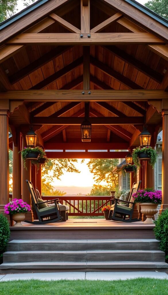 A cozy and inviting front porch with a warm, rustic charm. Wooden beams supporting a gently sloping roof, adorned with decorative trim and corbels. Comfortable rocking chairs and a porch swing invite visitors to linger. Lush potted plants and hanging baskets add pops of vibrant color, complementing the natural wood tones. The porch's broad steps lead to a neatly manicured lawn, framed by lush greenery. Soft, diffused lighting from antique-style lanterns creates a welcoming ambiance as the sun dips below the horizon. The entire scene radiates a sense of timeless elegance and classic Americana, perfect for enjoying peaceful summer evenings.