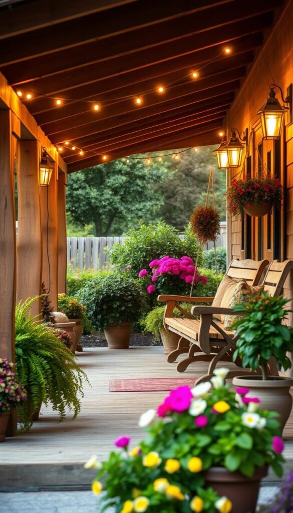 A cozy and inviting front porch with lush potted plants, rustic wooden furnishings, and warm ambient lighting. The porch is adorned with string lights and a decorative swing, creating a welcoming atmosphere. In the background, a well-manicured garden with vibrant flowers sets the scene. The porch is bathed in soft, golden light, casting a gentle glow and highlighting the natural textures of the wood and greenery. The overall composition evokes a sense of comfort, relaxation, and the charm of a picturesque country home. A cozy and inviting front porch with lush potted plants, rustic wooden furnishings, and warm ambient lighting. The porch is adorned with string lights and a decorative swing, creating a welcoming atmosphere. In the background, a well-manicured garden with vibrant flowers sets the scene. The porch is bathed in soft, golden light, casting a gentle glow and highlighting the natural textures of the wood and greenery. The overall composition evokes a sense of comfort, relaxation, and the charm of a picturesque country home.