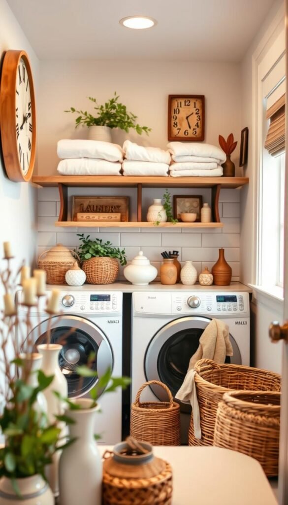 A cozy and inviting laundry room with a warm, rustic ambiance. In the foreground, a collection of decorative elements such as woven baskets, ceramic vases, and a vintage-inspired wall clock add personal touches. The middle ground features a simple yet elegant shelving unit displaying neatly folded linens, fresh greenery, and artisanal decor pieces. The background showcases a tasteful subway tile backsplash, complemented by natural wooden accents and soft, diffused lighting that casts a gentle glow. The overall scene evokes a sense of homeliness and thoughtful design, perfect for enhancing the functionality and aesthetics of a tiny laundry space.