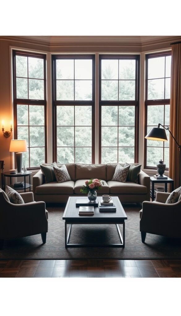 A cozy and inviting living room arrangement with a plush sectional sofa positioned at the center, facing a large picture window that floods the space with…