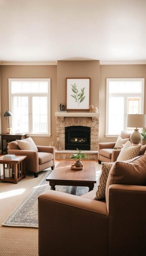 A cozy and inviting living room bathed in warm, earthy tones.