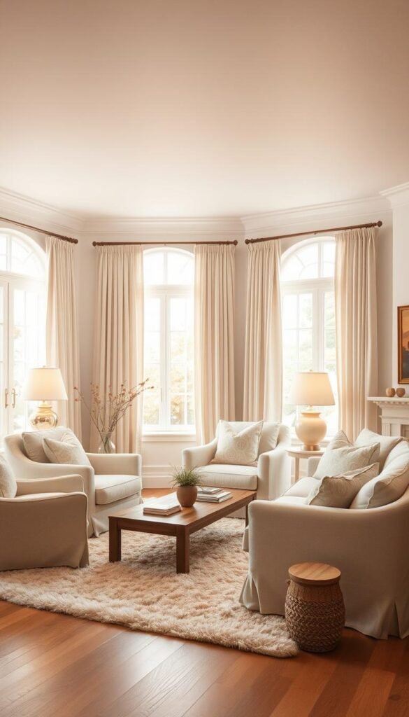 A cozy and inviting living room bathed in warm, natural light.