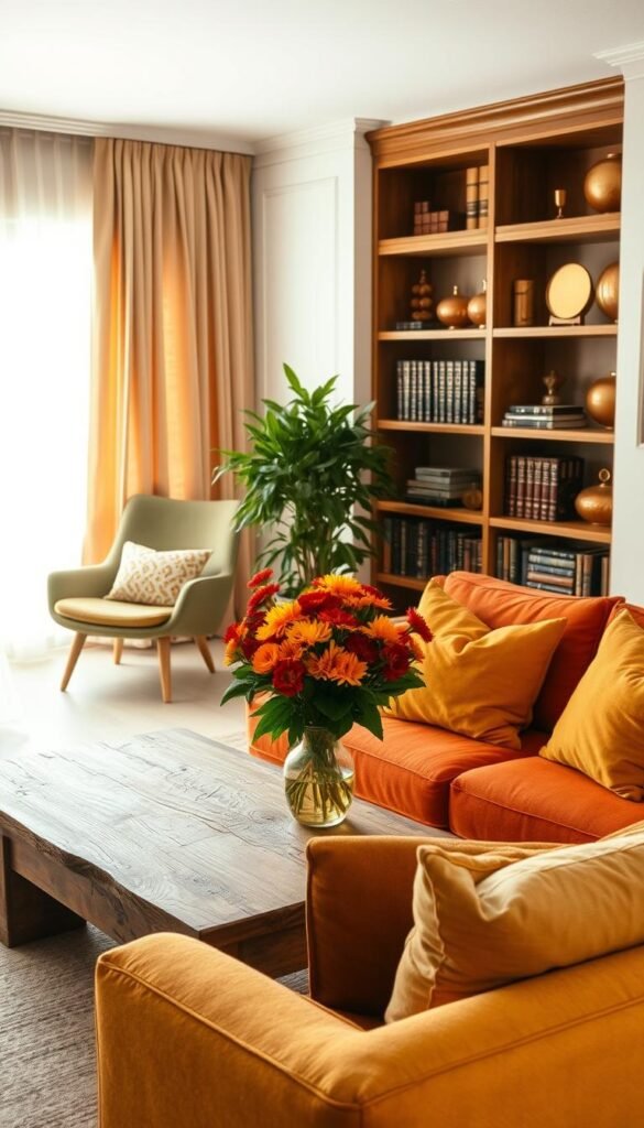 A cozy and inviting living room filled with a warm color palette.