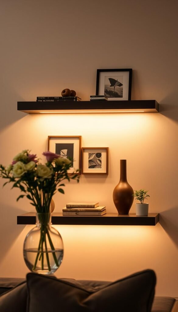 A cozy and inviting living room, with a floating shelf showcasing a carefully curated collection of decorative items.