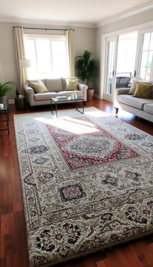 A cozy and inviting living room with a layered rug arrangement.