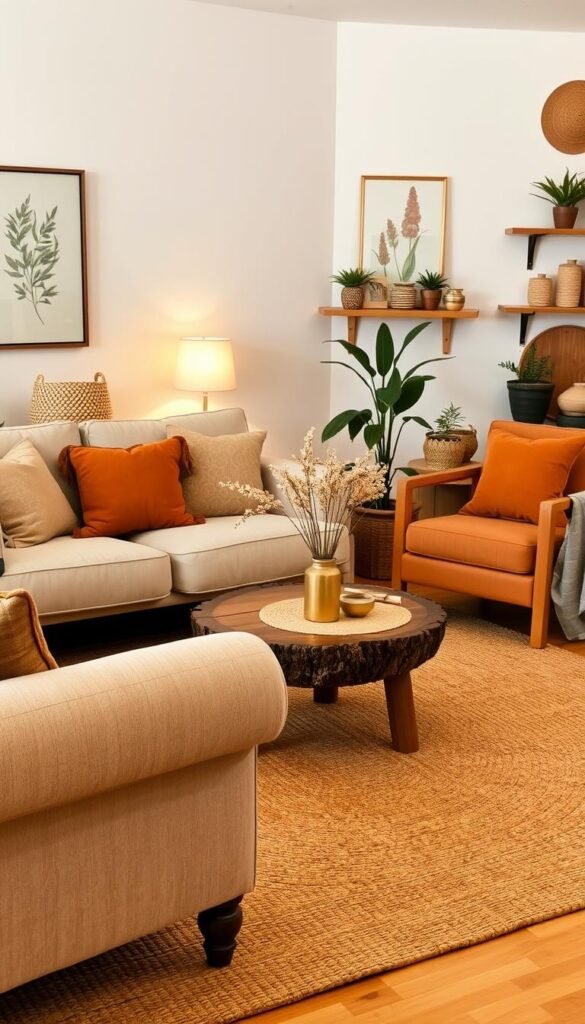 A cozy and inviting living room with a mix of natural earth-toned furnishings and decor.