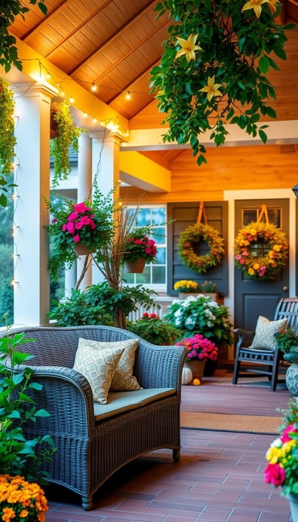 A cozy and inviting seasonal front porch, adorned with lush greenery, vibrant floral arrangements, and warm lighting. In the foreground, a comfortable wicker loveseat is positioned, inviting visitors to relax and soak in the ambiance. In the middle ground, a wooden bench or chair sits alongside potted plants and seasonal decor, creating a welcoming vignette. The background features a traditional farmhouse-style porch, with wooden beams, a gabled roof, and a warm, inviting atmosphere. The lighting is a mix of soft, ambient lighting and strategically placed string lights, casting a gentle glow across the scene. The overall mood is one of comfort, charm, and a sense of timeless seasonal appeal. A cozy and inviting seasonal front porch, adorned with lush greenery, vibrant floral arrangements, and warm lighting. In the foreground, a comfortable wicker loveseat is positioned, inviting visitors to relax and soak in the ambiance. In the middle ground, a wooden bench or chair sits alongside potted plants and seasonal decor, creating a welcoming vignette. The background features a traditional farmhouse-style porch, with wooden beams, a gabled roof, and a warm, inviting atmosphere. The lighting is a mix of soft, ambient lighting and strategically placed string lights, casting a gentle glow across the scene. The overall mood is one of comfort, charm, and a sense of timeless seasonal appeal.