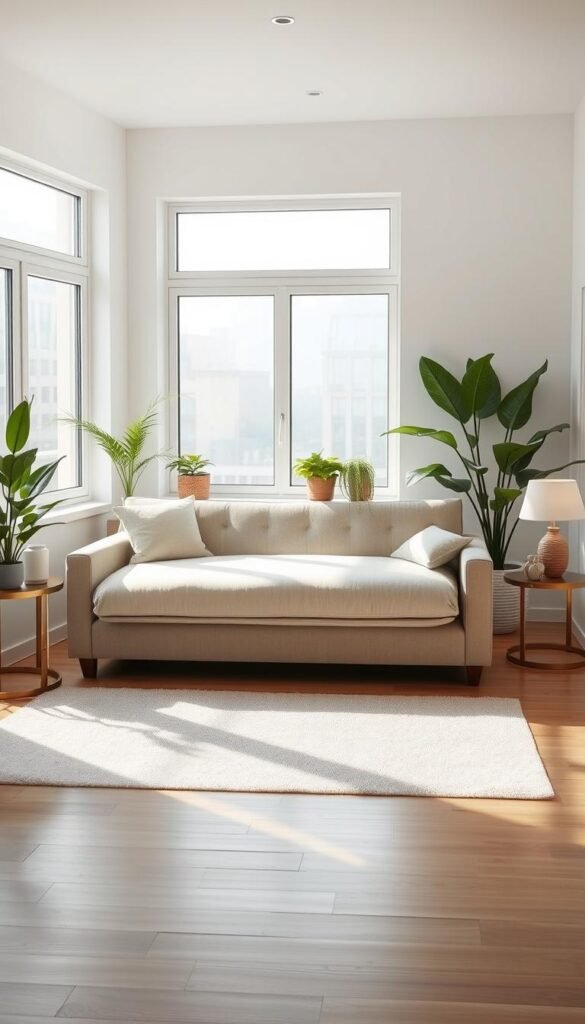 A cozy and inviting sleeper sofa nestled in a bright, airy living room.