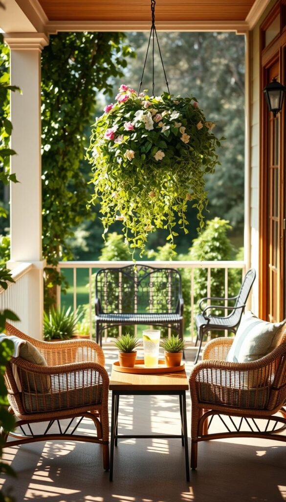 A cozy and inviting small front porch, bathed in warm afternoon sunlight filtering through lush greenery. In the foreground, a pair of comfortable rattan armchairs flank a minimalist wooden coffee table, set with a few potted plants and a tray of refreshing lemonade. The middle ground features a lush hanging basket overflowing with trailing vines and blooming flowers, complemented by a sleek metal bench pressed against the porch railing. The background showcases a charming wooden door frame with decorative molding, framing the entryway and hinting at the home's welcoming interior. The overall atmosphere is one of relaxation and everyday functionality, perfect for enjoying a moment of respite on a pleasant day.