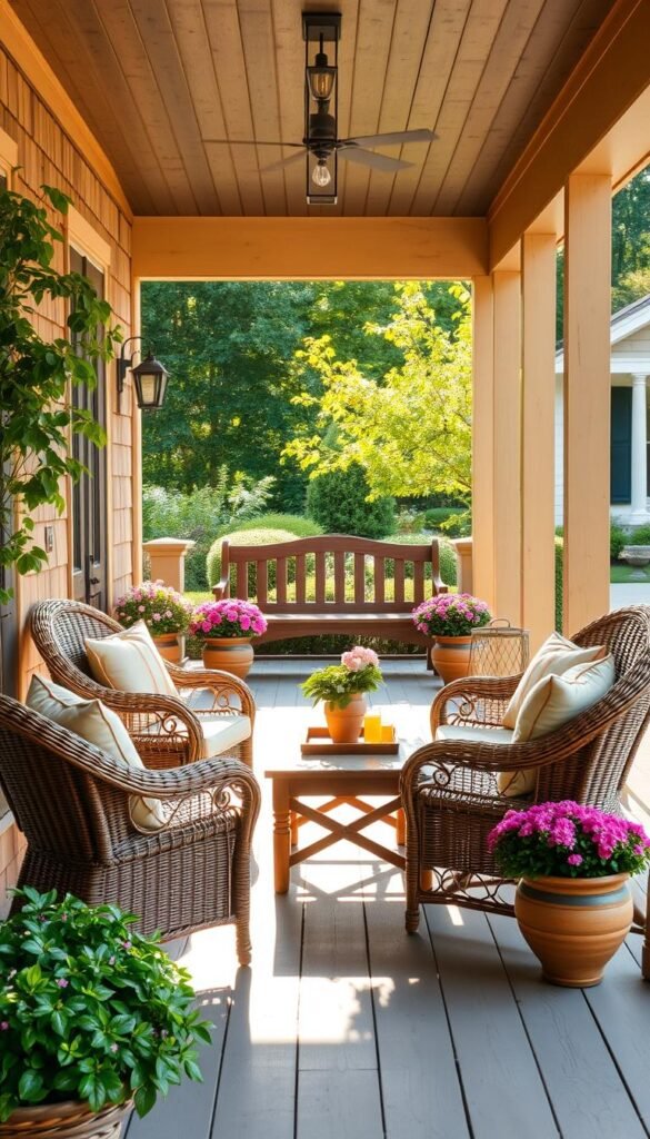 A cozy and inviting small front porch, well-lit by warm, natural sunlight filtering through lush greenery. In the foreground, a pair of comfortable wicker chairs with plush cushions, arranged around a low wooden coffee table adorned with a potted plant and a tray of refreshments. Behind them, a simple wooden bench or loveseat nestled against the porch railing, creating an intimate seating area. The middle ground features decorative planters overflowing with vibrant flowers, complementing the weathered wooden beams and flooring. In the background, a neatly manicured garden and a glimpse of the charming, traditional home facade, conveying a sense of peaceful tranquility.