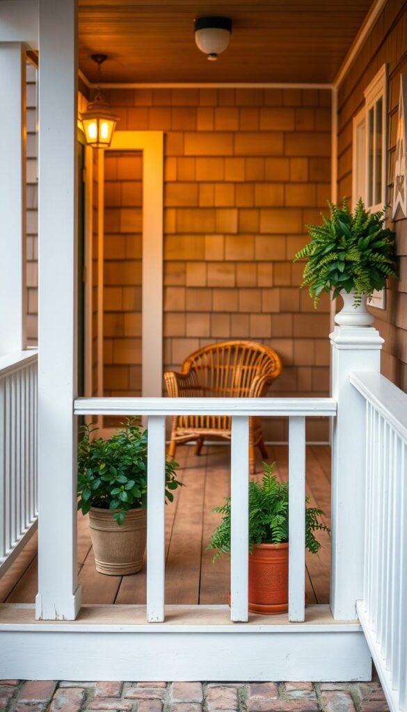 A cozy and inviting small front porch with natural wood flooring and simple white railings. The porch is well-lit by warm, ambient lighting, casting a soft glow on the scene. In the foreground, a couple of potted plants add a touch of greenery, while in the middle ground, a comfortable wicker chair invites visitors to sit and relax. The background features a charming, weathered wooden siding, adding to the overall rustic and welcoming atmosphere. The entire composition evokes a sense of tranquility and an inviting entry to the home.