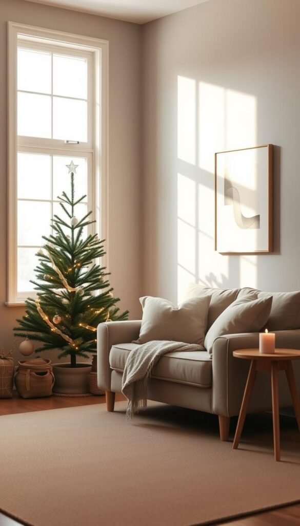 A cozy and minimalist Christmas living room, illuminated by soft, warm lighting.