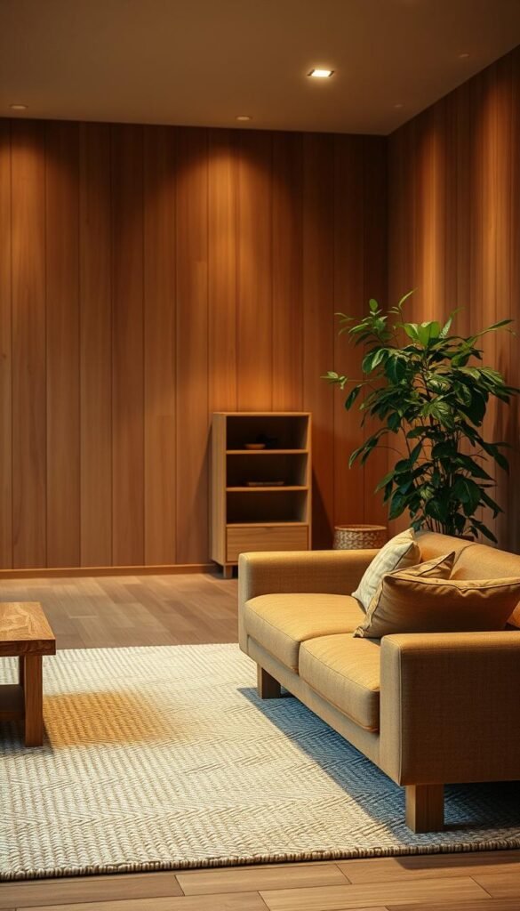 A cozy and minimalist Japandi-style living room, filled with natural materials and soft lighting.
