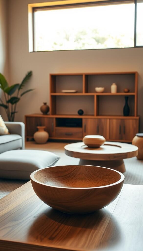 A cozy and minimalist living room filled with handcrafted, natural Japandi-inspired wooden accent pieces.