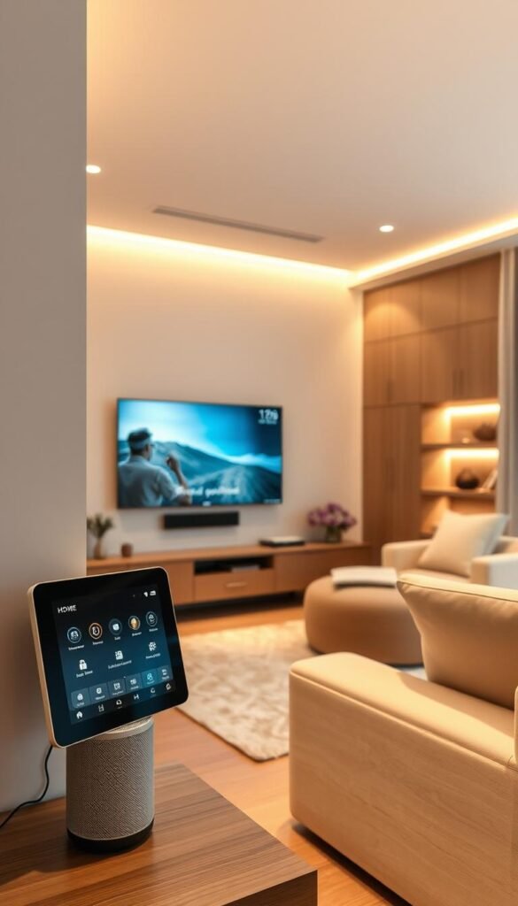 A cozy and minimalist living room with sleek smart home technology seamlessly integrated.