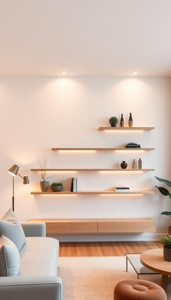 A cozy and modern living room with sleek floating shelves adorning the walls.