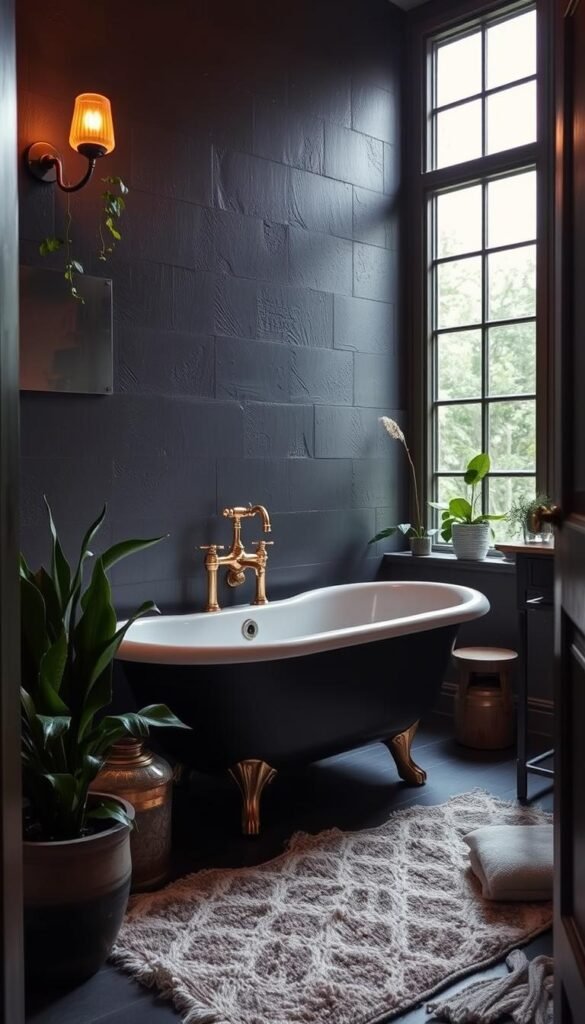 A cozy and moody small bathroom design with a clawfoot tub as the focal point, surrounded by warm lighting and lush greenery.