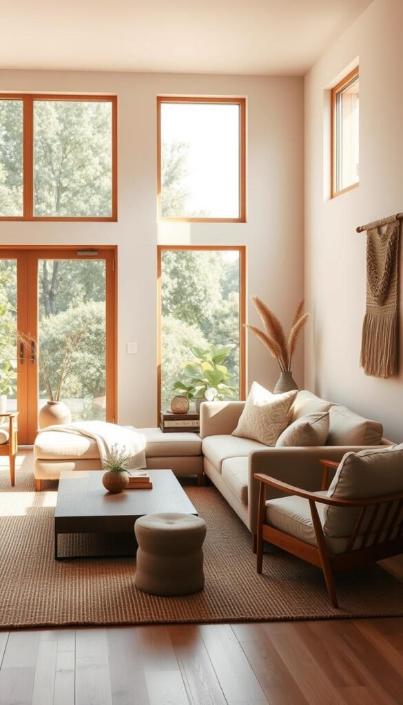 A cozy and serene Japandi-inspired living room, bathed in warm natural light filtering through large windows.