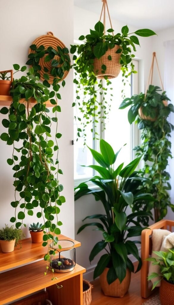 A cozy and serene natural nursery setting with an abundance of child-safe indoor plants. In the foreground, a lush, hanging plant cascades over a warm wood-toned shelf, accompanied by a few potted succulents and a small terrarium. The middle ground features a mix of trailing vines, like pothos and monstera, growing from woven baskets on the wall. In the background, a large floor-to-ceiling window allows soft, natural light to flood the space, illuminating the verdant foliage. The overall atmosphere is one of tranquility and gentle greenery, creating a calming and inviting environment for a child's nursery.