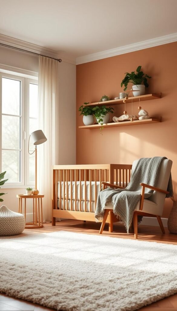 A cozy and serene nursery with a neutral color palette and textured elements. In the foreground, a plush area rug with a subtle pattern adds softness underfoot. Elevated on wooden shelves, potted plants with lush foliage and natural stone accents create a calming, earthy atmosphere. The middle ground features a wooden crib with a simple, clean-lined design, complemented by a hanging mobile with wooden beads. The walls are painted in a warm, muted tone, creating a soothing backdrop. Soft lighting from a minimalist floor lamp casts a gentle glow, while large windows allow natural light to pour in, highlighting the textured throw blanket draped over a comfy armchair. An overall tranquil and harmonious nursery space.