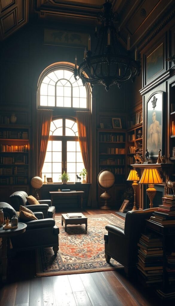 A cozy and sophisticated dark academia living room, with rich wood paneling and bookshelves lining the walls.