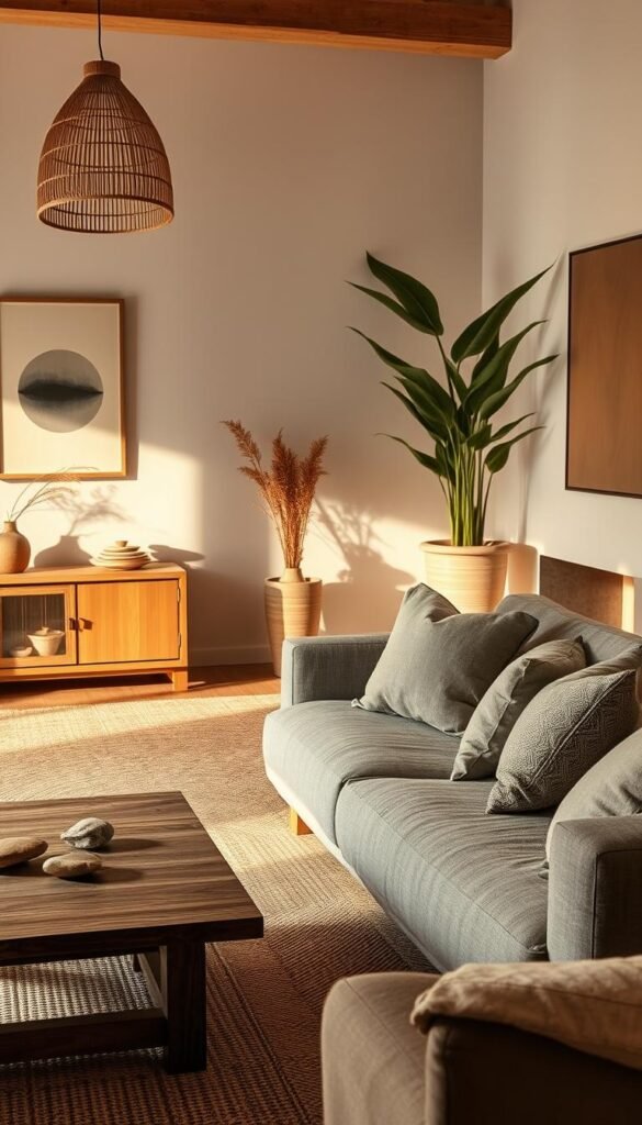 A cozy and tranquil Wabi Sabi living room with natural materials, warm lighting, and a serene atmosphere.