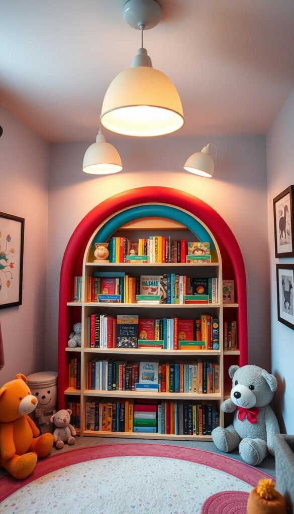 A cozy and vibrant nursery with a whimsical rainbow-themed bookshelf as its centerpiece. The bookshelf is filled with color-coded volumes, creating a visually striking display. Soft, diffused lighting from overhead fixtures casts a warm glow, complementing the playful ambiance. Framed artwork and plush toys accent the space, inviting a sense of wonder and imagination. The bookshelf is the focal point, drawing the eye and inspiring a love of reading in the young occupant. The overall scene evokes a sense of joy, creativity, and a nurturing environment perfect for a growing mind. A cozy and vibrant nursery with a whimsical rainbow-themed bookshelf as its centerpiece. The bookshelf is filled with color-coded volumes, creating a visually striking display. Soft, diffused lighting from overhead fixtures casts a warm glow, complementing the playful ambiance. Framed artwork and plush toys accent the space, inviting a sense of wonder and imagination. The bookshelf is the focal point, drawing the eye and inspiring a love of reading in the young occupant. The overall scene evokes a sense of joy, creativity, and a nurturing environment perfect for a growing mind.