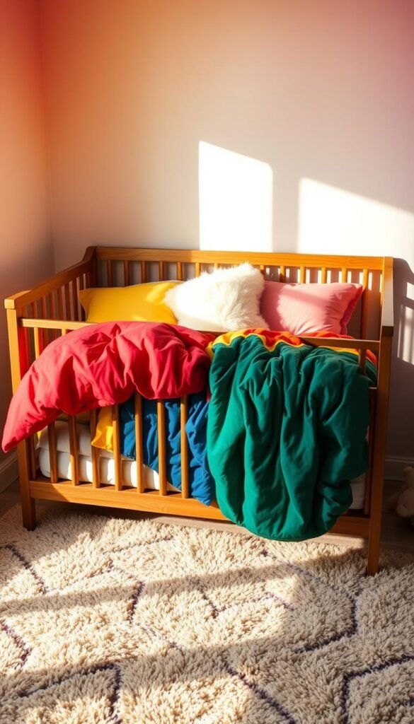 A cozy and vibrant rainbow nursery bedding scene, featuring a plush, multicolored comforter and sheets in a variety of cheerful hues - crimson, sunshine yellow, deep indigo, and lively emerald green. The bedding is arranged neatly on a wooden crib frame, bathed in warm, diffused lighting that casts a soft, inviting glow. Fluffy, cloud-like pillows in complementary pastel tones add to the comforting atmosphere. In the background, a soothing, gradient-filled wall mural in rainbow gradients creates a serene, dreamlike backdrop, while a plush, patterned rug in muted tones grounds the scene. The overall effect is a harmonious, cozy, and cheerful nursery space. A cozy and vibrant rainbow nursery bedding scene, featuring a plush, multicolored comforter and sheets in a variety of cheerful hues - crimson, sunshine yellow, deep indigo, and lively emerald green. The bedding is arranged neatly on a wooden crib frame, bathed in warm, diffused lighting that casts a soft, inviting glow. Fluffy, cloud-like pillows in complementary pastel tones add to the comforting atmosphere. In the background, a soothing, gradient-filled wall mural in rainbow gradients creates a serene, dreamlike backdrop, while a plush, patterned rug in muted tones grounds the scene. The overall effect is a harmonious, cozy, and cheerful nursery space.