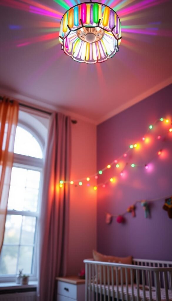 A cozy and vibrant rainbow nursery illuminated by an array of whimsical lighting options. In the foreground, a soft, multicolored chandelier casts a warm glow, its prismatic rays dancing across the walls. In the middle ground, a row of colorful string lights draped along the ceiling, creating a playful and magical atmosphere. In the background, a large, panoramic window floods the room with natural daylight, highlighting the diverse rainbow hues of the decor. The overall lighting setup is carefully balanced, creating a sense of coziness and wonder, perfect for a delightful and joyful nursery space. A cozy and vibrant rainbow nursery illuminated by an array of whimsical lighting options. In the foreground, a soft, multicolored chandelier casts a warm glow, its prismatic rays dancing across the walls. In the middle ground, a row of colorful string lights draped along the ceiling, creating a playful and magical atmosphere. In the background, a large, panoramic window floods the room with natural daylight, highlighting the diverse rainbow hues of the decor. The overall lighting setup is carefully balanced, creating a sense of coziness and wonder, perfect for a delightful and joyful nursery space.