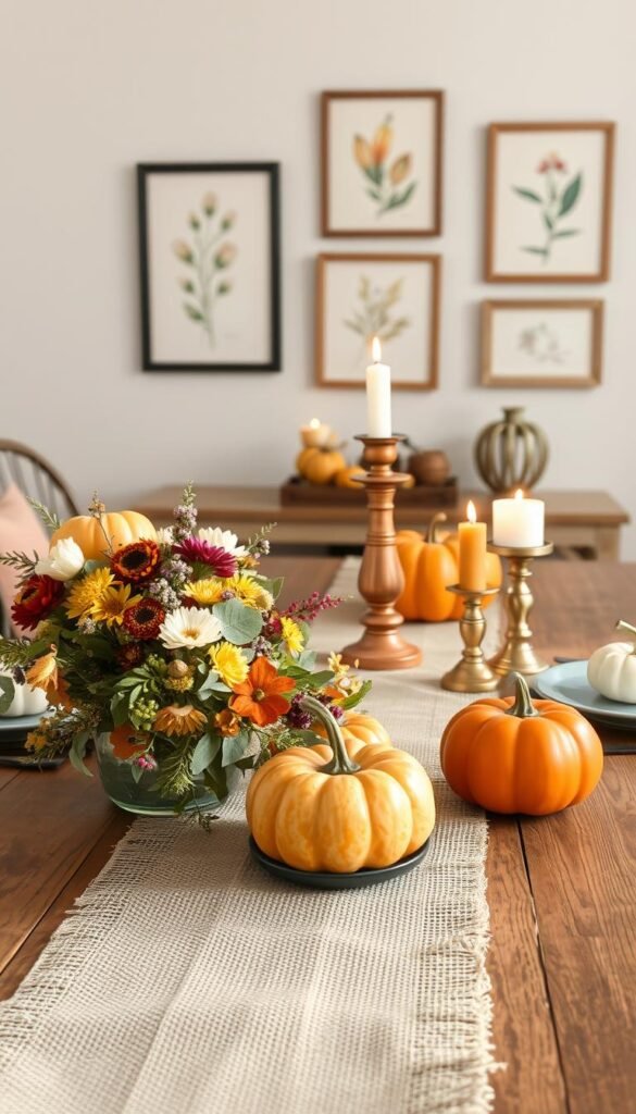 A cozy and welcoming Thanksgiving table setting featuring an assortment of affordable decor elements.