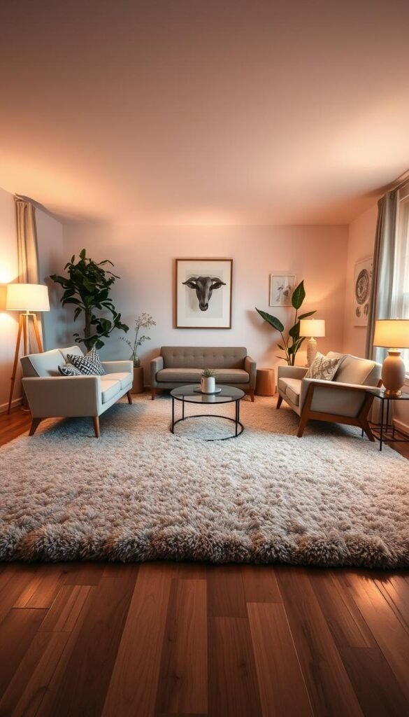 A cozy and well-appointed living room with a beautifully placed area rug.
