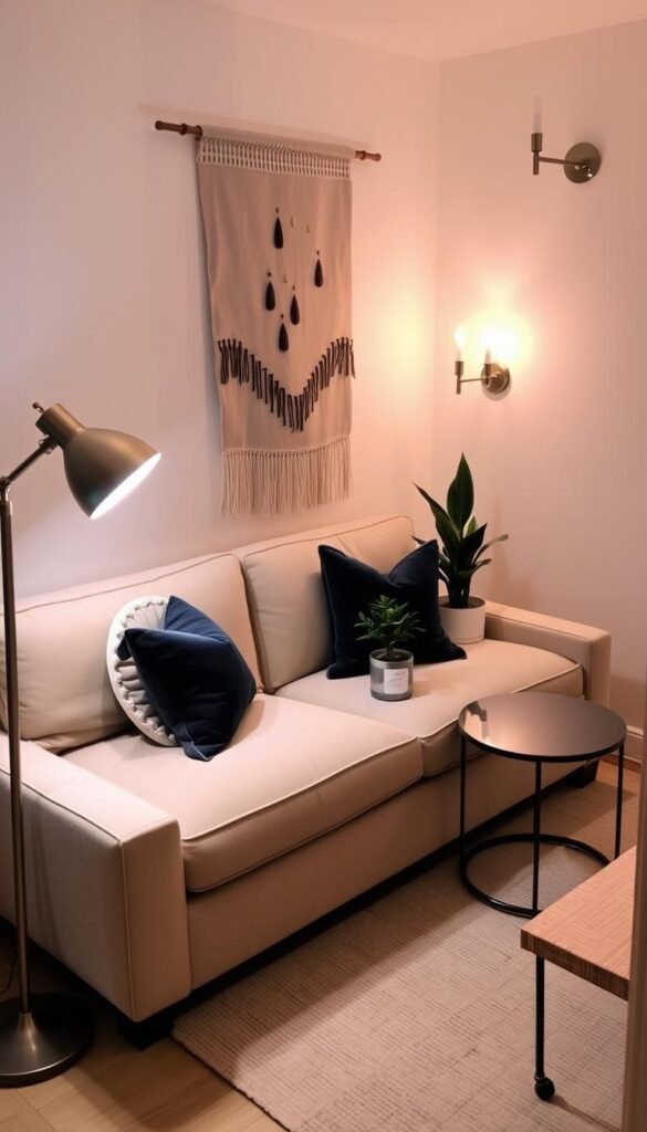 A cozy and well-appointed small living room, with a plush, neutral-toned sofa as the central focus.