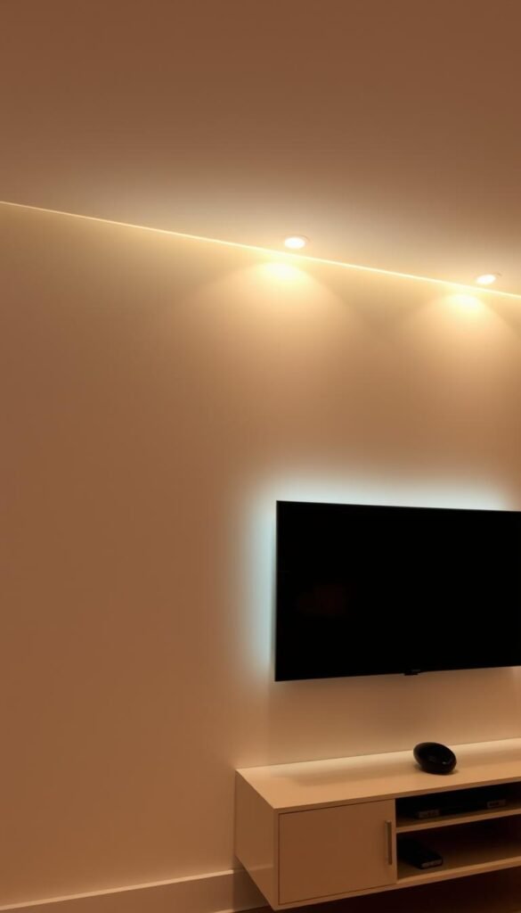 A cozy and well-lit TV wall, featuring a minimalist design with a floating media console and subtle, warm lighting elements.