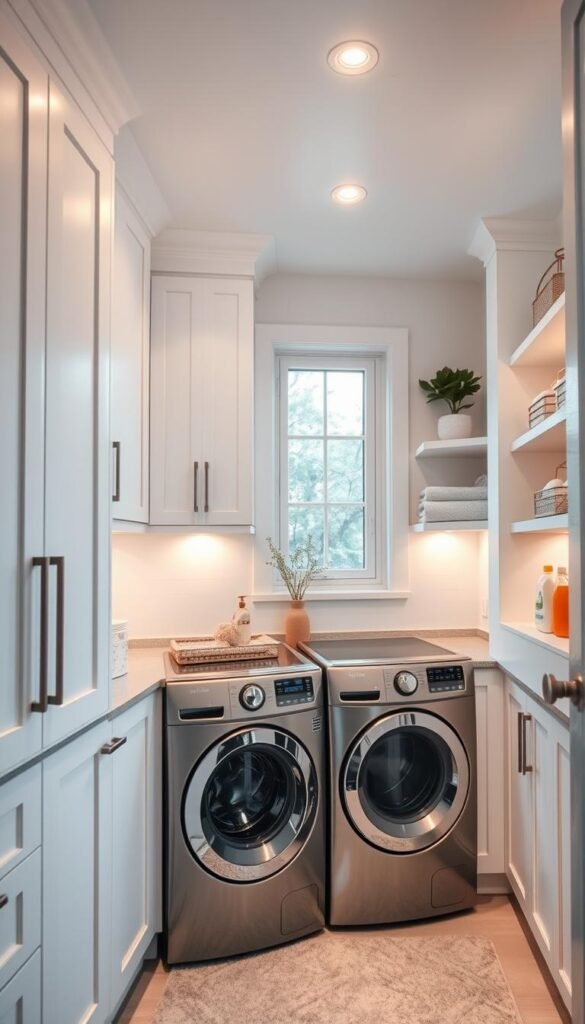 A cozy and well-lit laundry room in a small space, featuring clean white walls, sleek minimalist cabinets, and a modern stainless steel washing machine and dryer. Soft ambient lighting from recessed ceiling fixtures and a large window casts a warm glow, illuminating the room's efficient and functional layout. Shelves and storage solutions line the walls, keeping detergents and supplies neatly organized. The room has a relaxing, spa-like atmosphere, with a plush rug underfoot and carefully curated decor accents that add a touch of personality. The overall aesthetic is one of streamlined sophistication, showcasing how a small laundry space can be transformed into a practical and visually appealing area. A cozy and well-lit laundry room in a small space, featuring clean white walls, sleek minimalist cabinets, and a modern stainless steel washing machine and dryer. Soft ambient lighting from recessed ceiling fixtures and a large window casts a warm glow, illuminating the room's efficient and functional layout. Shelves and storage solutions line the walls, keeping detergents and supplies neatly organized. The room has a relaxing, spa-like atmosphere, with a plush rug underfoot and carefully curated decor accents that add a touch of personality. The overall aesthetic is one of streamlined sophistication, showcasing how a small laundry space can be transformed into a practical and visually appealing area.