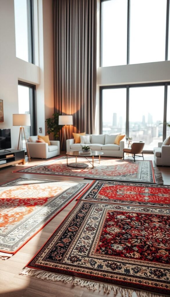 A cozy and well-lit living room with a central focus on a carefully curated selection of area rugs.
